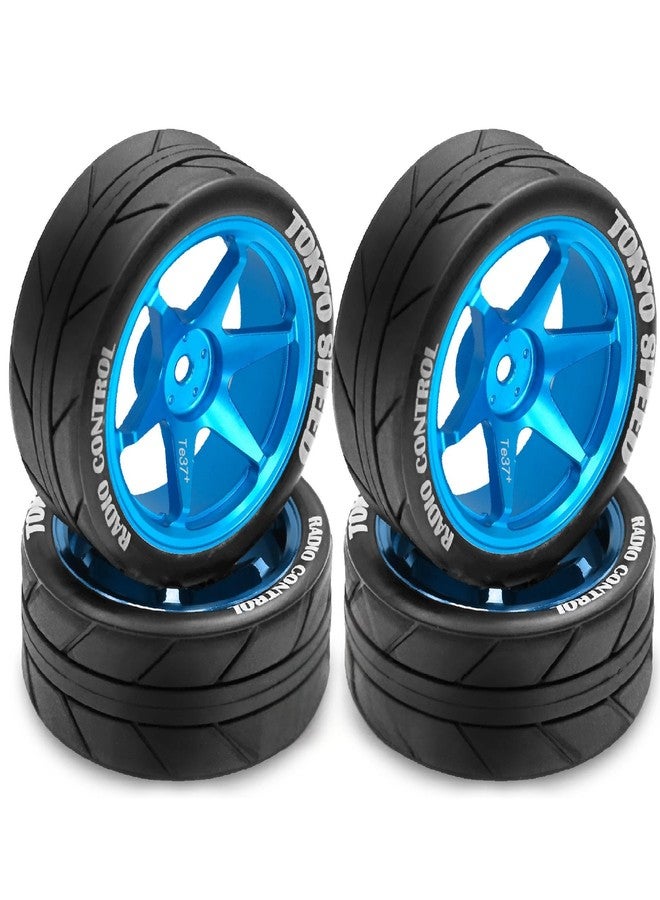 Dantenron 1/10 RC On Road Tires OD 65mm and Aluminum Street Wheels 12mm Hex Touring Tyres for 1:10 Rally Racing Drift Car Tamiya TT01 TT02 XV01 HPI KYOSHO HSP PTG2 Traxxas TA06 A959 PTG2 (Blue) - Image 3